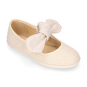 Stylized little Girl Mary Jane shoes with hook and loop strap with bow in ivory linen.