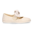 Stylized little Girl Mary Jane shoes with hook and loop strap with bow in ivory linen.