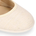 Stylized little Girl Mary Jane shoes with hook and loop strap with bow in ivory linen.