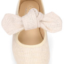 Stylized little Girl Mary Jane shoes with hook and loop strap with bow in ivory linen.