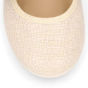 Stylized little Girl Mary Jane shoes with hook and loop strap with bow in ivory linen.