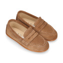 Suede leather Kids Moccasin shoes with detail mask in vison color.