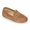Suede leather Kids Moccasin shoes with detail mask in vison color.