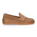 Suede leather Kids Moccasin shoes with detail mask in vison color.