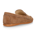 Suede leather Kids Moccasin shoes with detail mask in vison color.