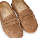 Suede leather Kids Moccasin shoes with detail mask in vison color.