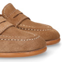 Suede leather Kids Moccasin shoes with detail mask in vison color.