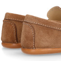 Suede leather Kids Moccasin shoes with detail mask in vison color.