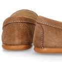 Suede leather Kids Moccasin shoes with detail mask in vison color.