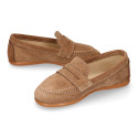 Suede leather Kids Moccasin shoes with detail mask in vison color.