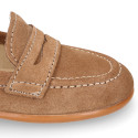 Suede leather Kids Moccasin shoes with detail mask in vison color.