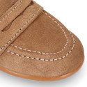 Suede leather Kids Moccasin shoes with detail mask in vison color.