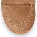 Suede leather Kids Moccasin shoes with detail mask in vison color.