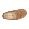 Suede leather Kids Moccasin shoes with detail mask in vison color.