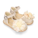 Linen canvas girl espadrille shoes with flower with lace design.