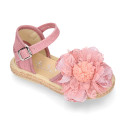 Linen canvas girl espadrille shoes with flower with lace design.