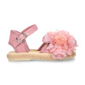 Linen canvas girl espadrille shoes with flower with lace design.