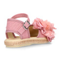 Linen canvas girl espadrille shoes with flower with lace design.