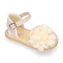 Linen canvas girl espadrille shoes with flower with lace design.