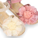 Linen canvas girl espadrille shoes with flower with lace design.