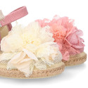 Linen canvas girl espadrille shoes with flower with lace design.