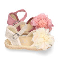 Linen canvas girl espadrille shoes with flower with lace design.