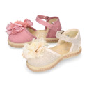 Linen canvas girl espadrille shoes with flower with lace design.