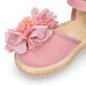 Linen canvas girl espadrille shoes with flower with lace design.