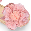 Linen canvas girl espadrille shoes with flower with lace design.