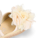 Linen canvas girl espadrille shoes with flower with lace design.