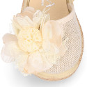 Linen canvas girl espadrille shoes with flower with lace design.