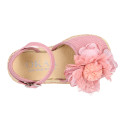 Linen canvas girl espadrille shoes with flower with lace design.