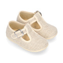 Little linen canvas T-Strap shoes in natural color.