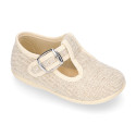 Little linen canvas T-Strap shoes in natural color.