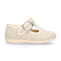 Little linen canvas T-Strap shoes in natural color.