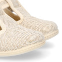 Little linen canvas T-Strap shoes in natural color.