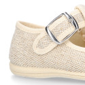 Little linen canvas T-Strap shoes in natural color.