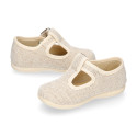 Little linen canvas T-Strap shoes in natural color.