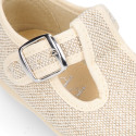 Little linen canvas T-Strap shoes in natural color.