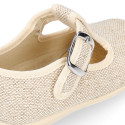 Little linen canvas T-Strap shoes in natural color.