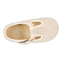 Little linen canvas T-Strap shoes in natural color.