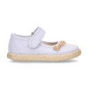 Cotton canvas little girl Mary Jane shoes with hook and loop strap and bow design.