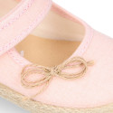 Cotton canvas little girl Mary Jane shoes with hook and loop strap and bow design.