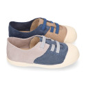 Suede leather Kids Sneaker shoes with toe cap and elastic laces.