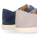 Suede leather Kids Sneaker shoes with toe cap and elastic laces.