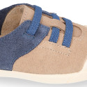 Suede leather Kids Sneaker shoes with toe cap and elastic laces.