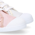 Girl canvas sneaker shoes bootie style with hearts design and toe cap.