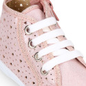 Girl canvas sneaker shoes bootie style with hearts design and toe cap.