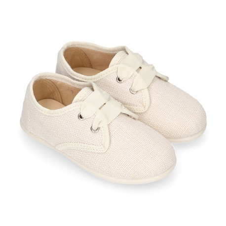 Kids Linen canvas oxford shoes for ceremony with ties closure in ivory color.