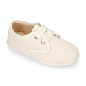 Kids Linen canvas oxford shoes for ceremony with ties closure in ivory color.